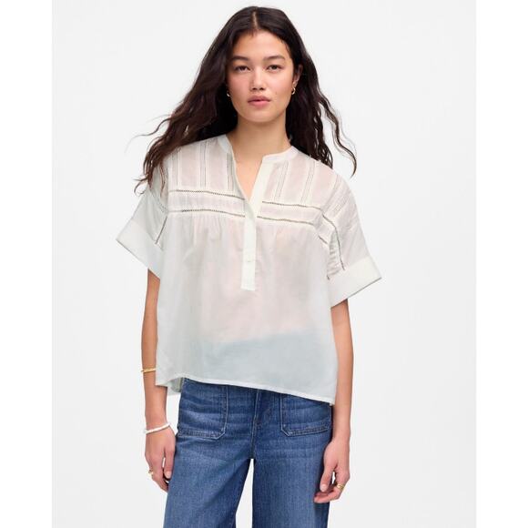 Madewell Lace-Inset Pintucked Henley Top S White Cuffed Short Sleeve Semi Sheer - Picture 1 of 12